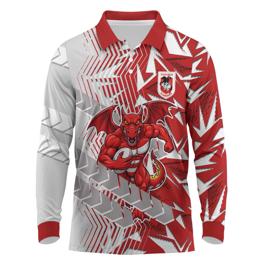 St George Illawarra Dragons Rugby Long Sleeve Polo Shirt Fierce Mascot Geometric Tribal Art