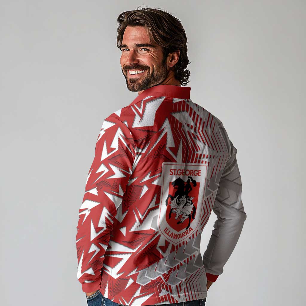 St George Illawarra Dragons Rugby Long Sleeve Polo Shirt Fierce Mascot Geometric Tribal Art