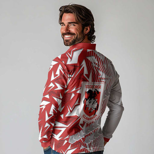 St George Illawarra Dragons Rugby Long Sleeve Polo Shirt Fierce Mascot Geometric Tribal Art