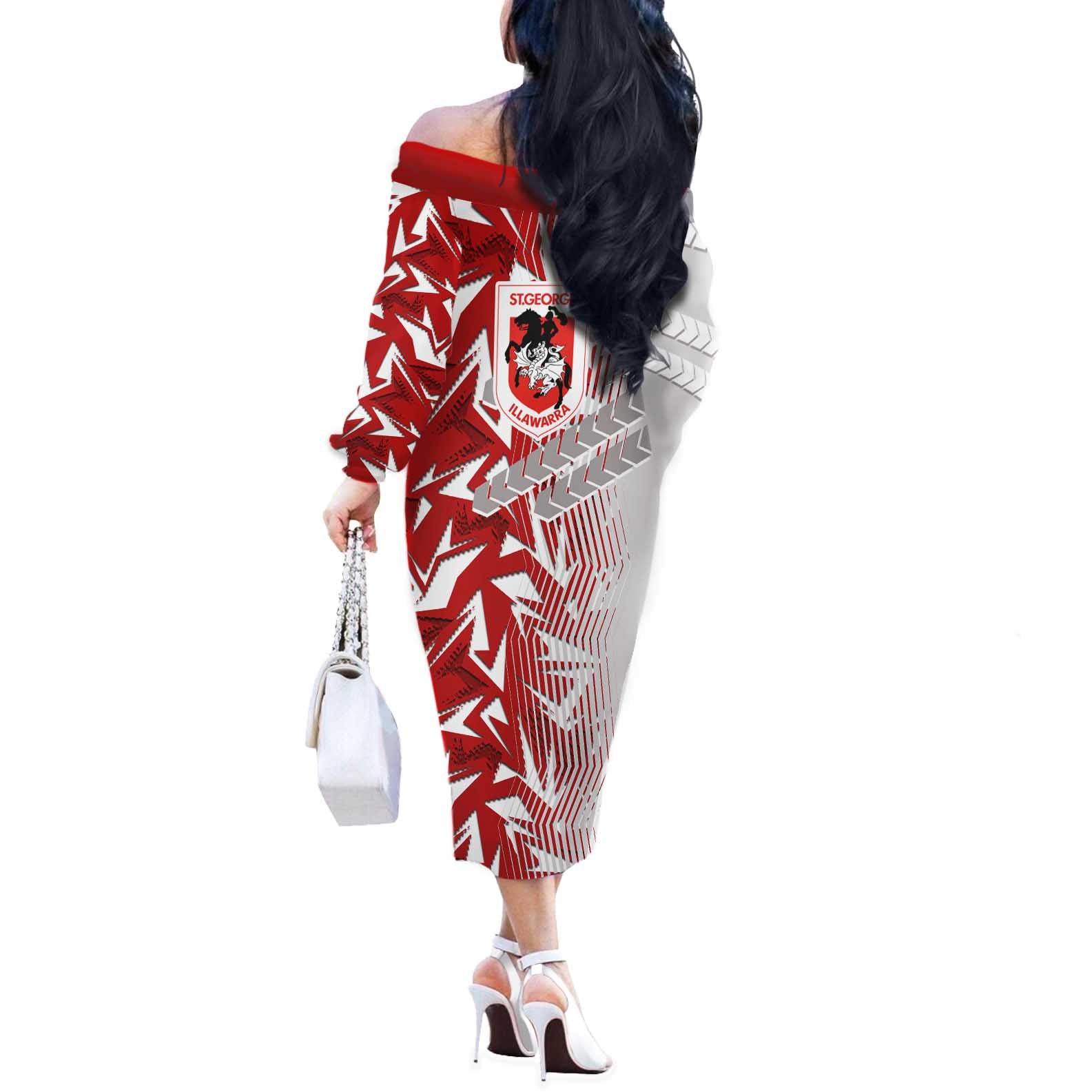 St George Illawarra Dragons Rugby Off The Shoulder Long Sleeve Dress Fierce Mascot Geometric Tribal Art