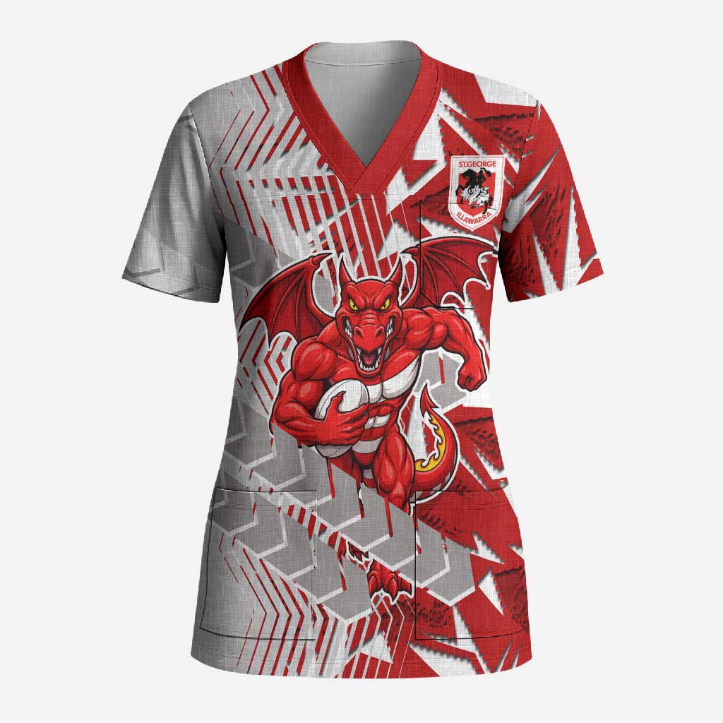 St George Illawarra Dragons Rugby Scrub Top Fierce Mascot Geometric Tribal Art