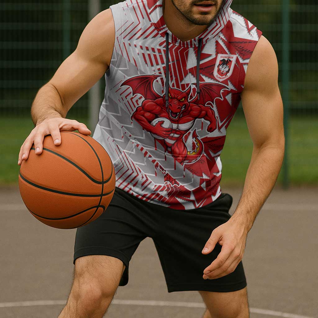 St George Illawarra Dragons Rugby Sleeveless Hoodie Fierce Mascot Geometric Tribal Art