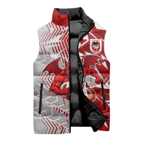 St George Illawarra Dragons Rugby Sleeveless Puffer Jacket Fierce Mascot Geometric Tribal Art