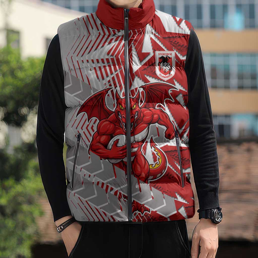 St George Illawarra Dragons Rugby Sleeveless Puffer Jacket Fierce Mascot Geometric Tribal Art
