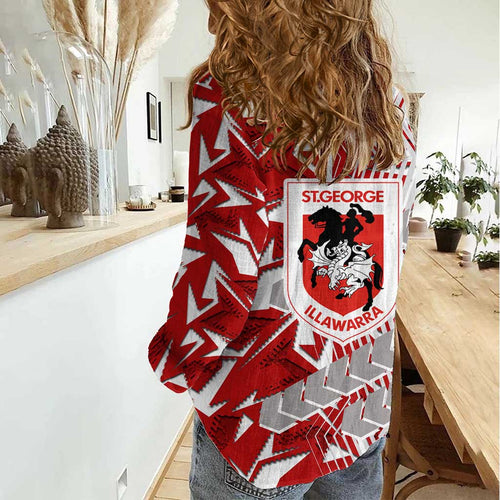 St George Illawarra Dragons Rugby Women Casual Shirt Fierce Mascot Geometric Tribal Art