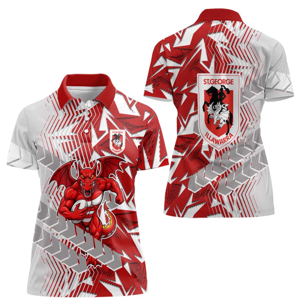 St George Illawarra Dragons Rugby Women Polo Shirt Fierce Mascot Geometric Tribal Art