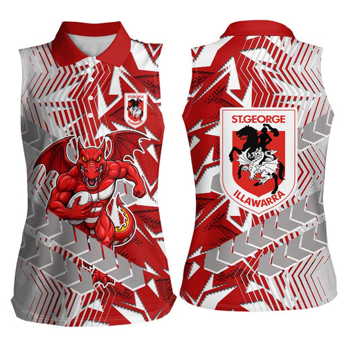 St George Illawarra Dragons Rugby Women Sleeveless Polo Shirt Fierce Mascot Geometric Tribal Art