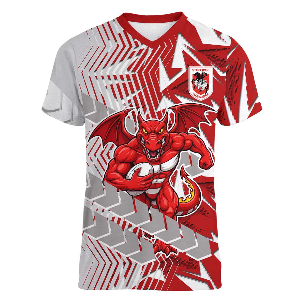 St George Illawarra Dragons Rugby Women V-Neck T-Shirt Fierce Mascot Geometric Tribal Art