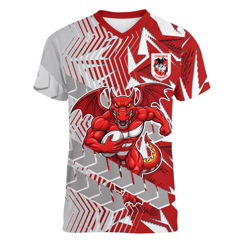 St George Illawarra Dragons Rugby Women V-Neck T-Shirt Fierce Mascot Geometric Tribal Art
