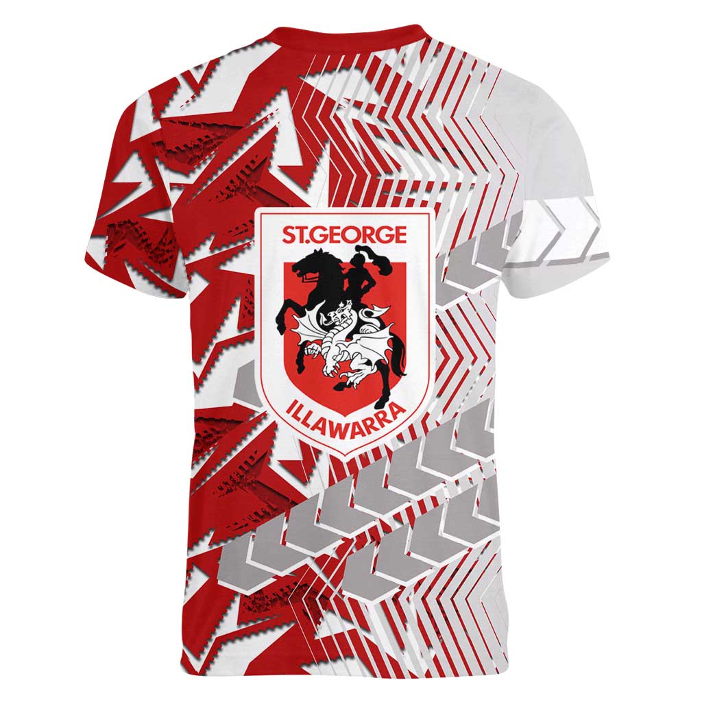 St George Illawarra Dragons Rugby Women V-Neck T-Shirt Fierce Mascot Geometric Tribal Art