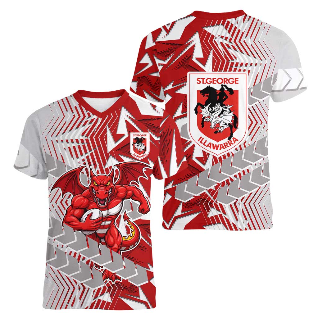 St George Illawarra Dragons Rugby Women V-Neck T-Shirt Fierce Mascot Geometric Tribal Art