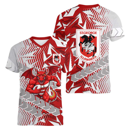 St George Illawarra Dragons Rugby Women V-Neck T-Shirt Fierce Mascot Geometric Tribal Art