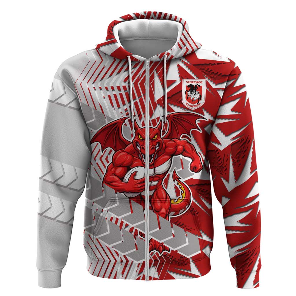 St George Illawarra Dragons Rugby Zip Hoodie Fierce Mascot Geometric Tribal Art