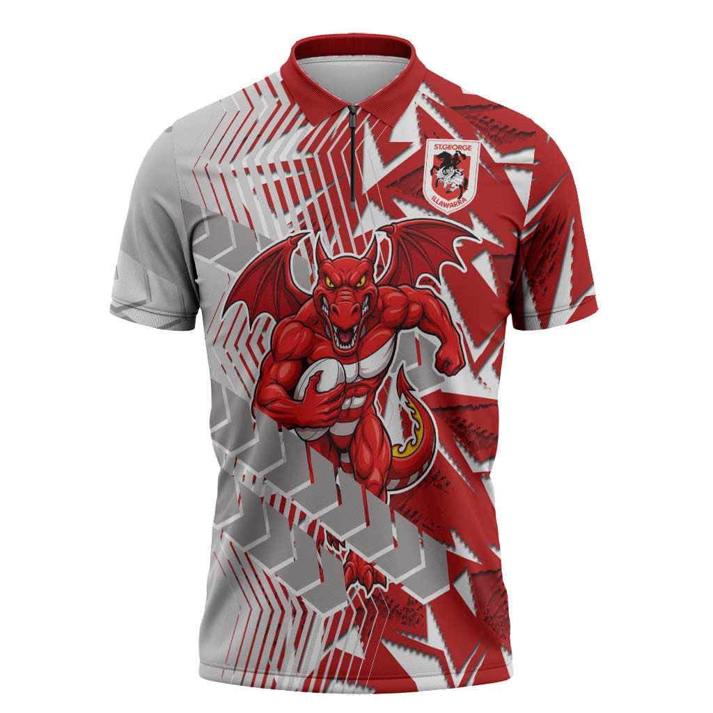 St George Illawarra Dragons Rugby Zipper Polo Shirt Fierce Mascot Geometric Tribal Art