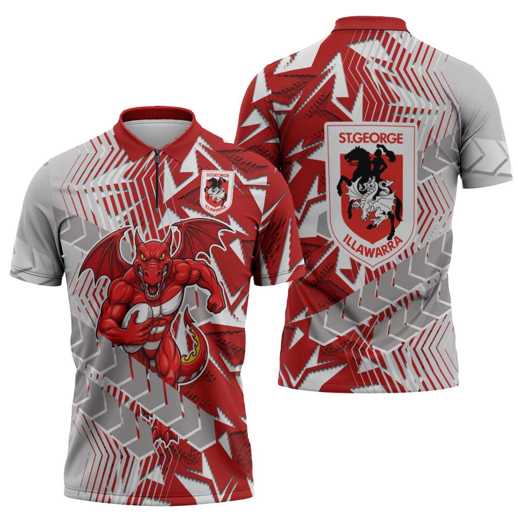 St George Illawarra Dragons Rugby Zipper Polo Shirt Fierce Mascot Geometric Tribal Art