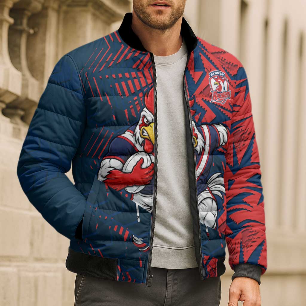 Sydney Roosters Rugby Bomber Puffer Jacket Fierce Mascot Geometric Tribal Art