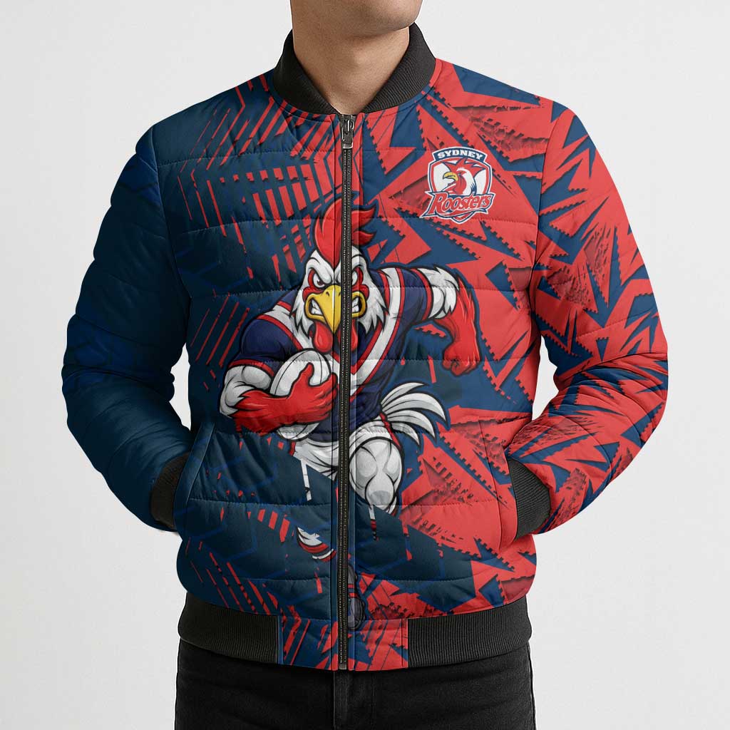 Sydney Roosters Rugby Bomber Puffer Jacket Fierce Mascot Geometric Tribal Art