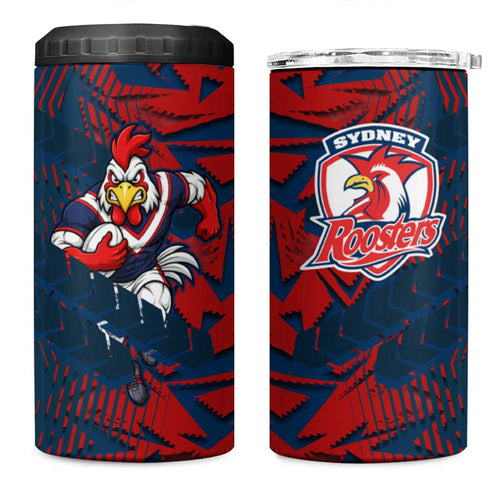 Sydney Roosters Rugby 4 in 1 Can Cooler Tumbler Fierce Mascot Geometric Tribal Art