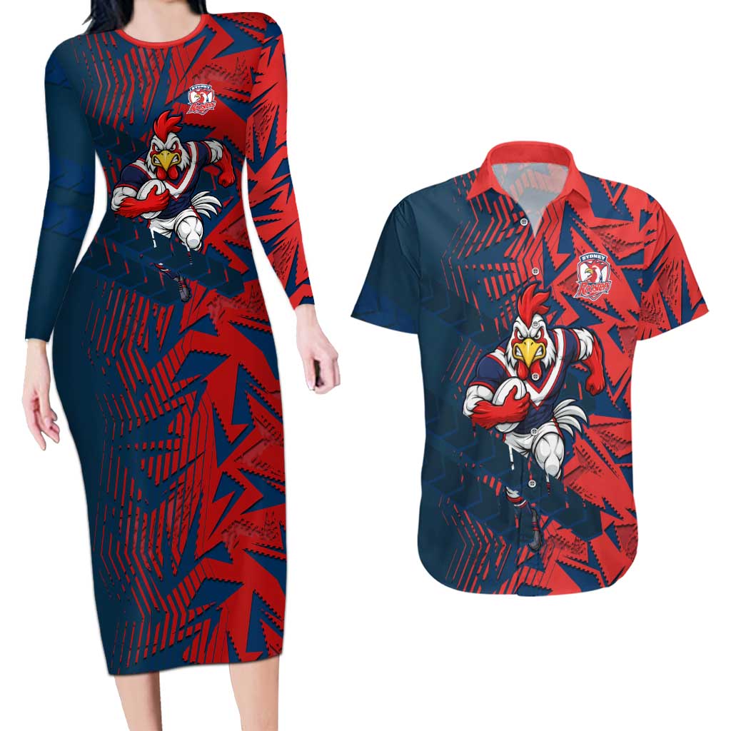 Sydney Roosters Rugby Couples Matching Long Sleeve Bodycon Dress and Hawaiian Shirt Fierce Mascot Geometric Tribal Art
