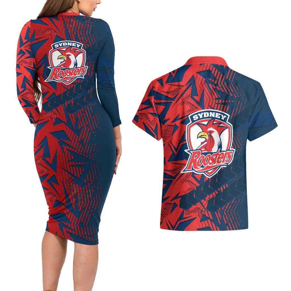 Sydney Roosters Rugby Couples Matching Long Sleeve Bodycon Dress and Hawaiian Shirt Fierce Mascot Geometric Tribal Art