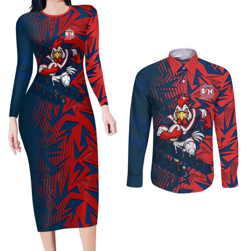 Sydney Roosters Rugby Couples Matching Long Sleeve Bodycon Dress and Long Sleeve Button Shirt Fierce Mascot Geometric Tribal Art