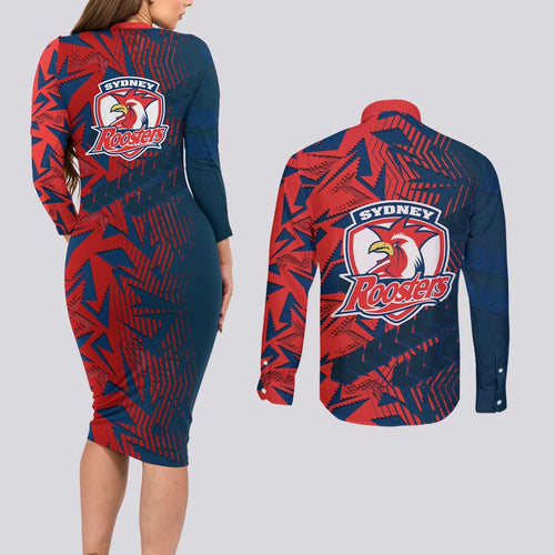 Sydney Roosters Rugby Couples Matching Long Sleeve Bodycon Dress and Long Sleeve Button Shirt Fierce Mascot Geometric Tribal Art