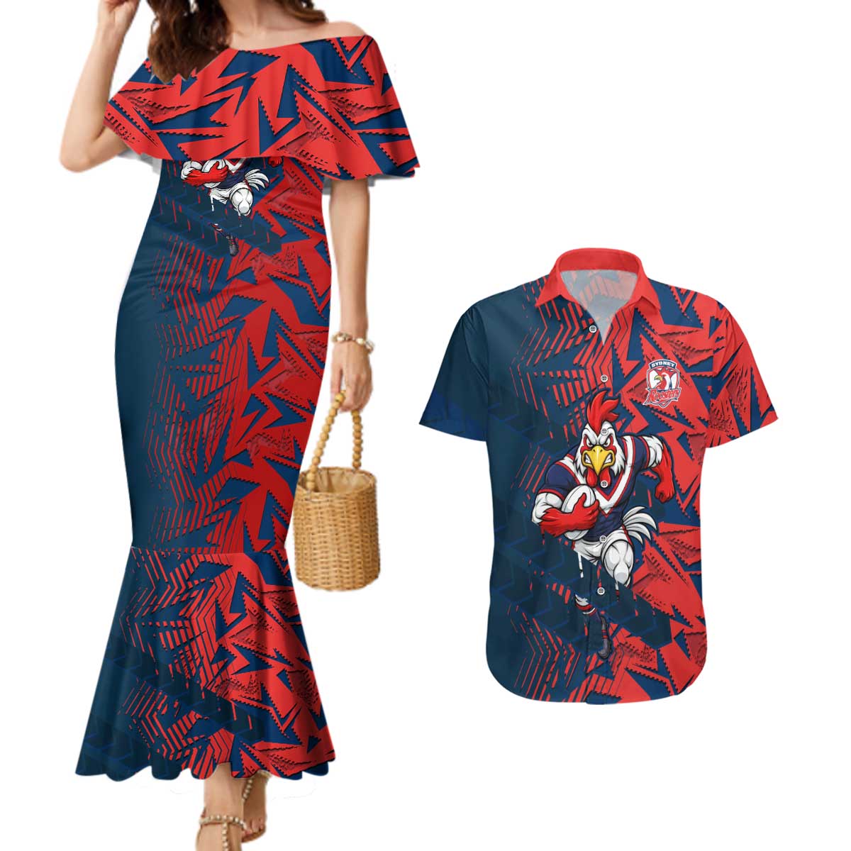 Sydney Roosters Rugby Couples Matching Mermaid Dress and Hawaiian Shirt Fierce Mascot Geometric Tribal Art