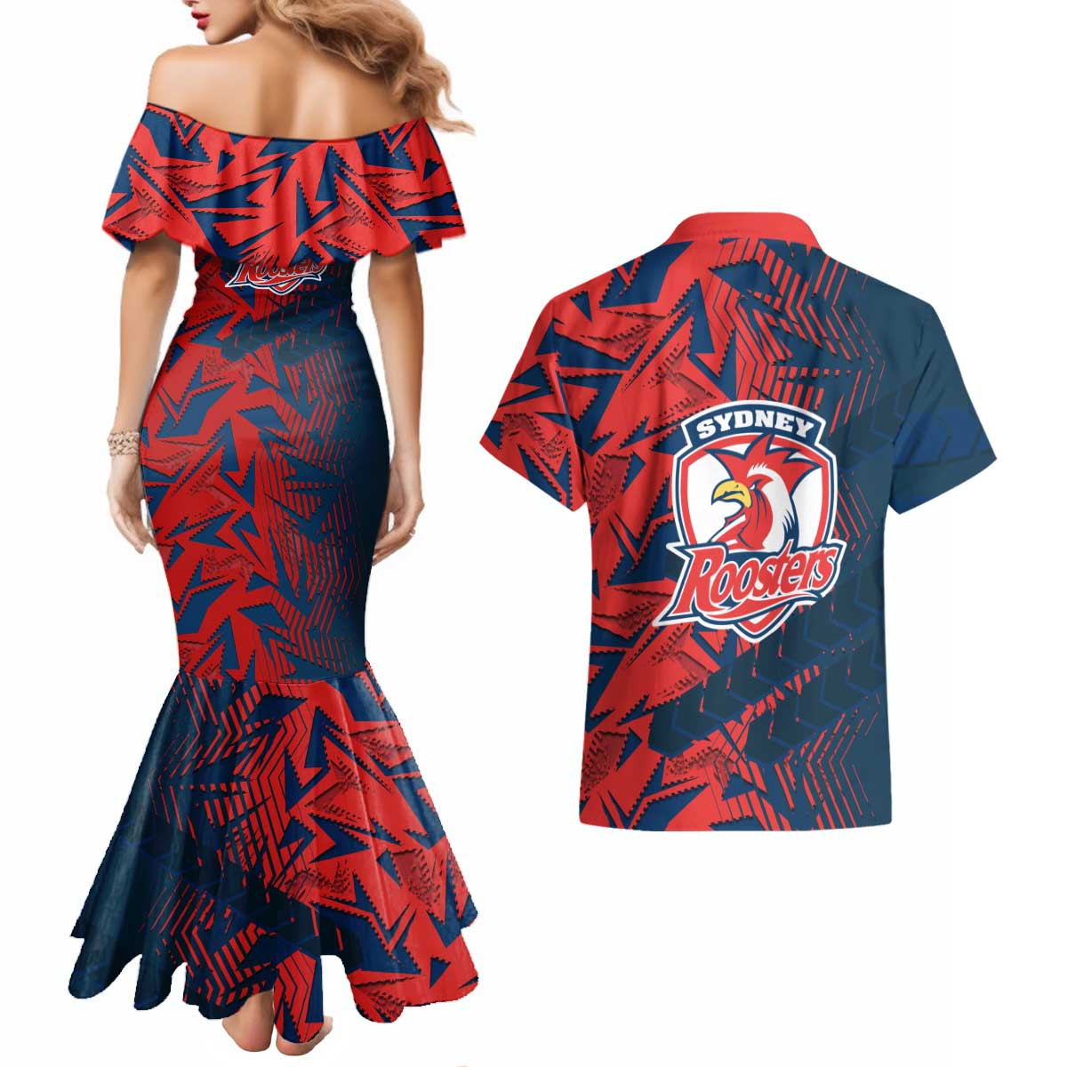Sydney Roosters Rugby Couples Matching Mermaid Dress and Hawaiian Shirt Fierce Mascot Geometric Tribal Art