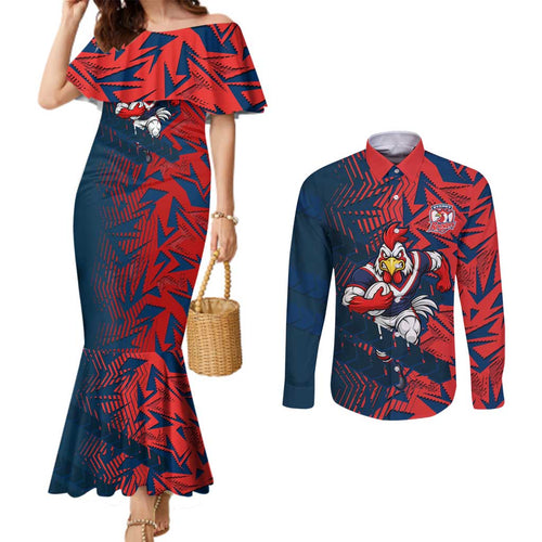 Sydney Roosters Rugby Couples Matching Mermaid Dress and Long Sleeve Button Shirt Fierce Mascot Geometric Tribal Art
