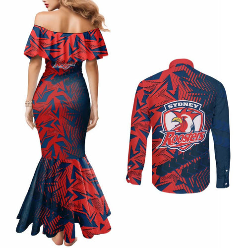 Sydney Roosters Rugby Couples Matching Mermaid Dress and Long Sleeve Button Shirt Fierce Mascot Geometric Tribal Art
