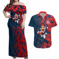 Sydney Roosters Rugby Couples Matching Off Shoulder Maxi Dress and Hawaiian Shirt Fierce Mascot Geometric Tribal Art