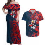 Sydney Roosters Rugby Couples Matching Off Shoulder Maxi Dress and Hawaiian Shirt Fierce Mascot Geometric Tribal Art