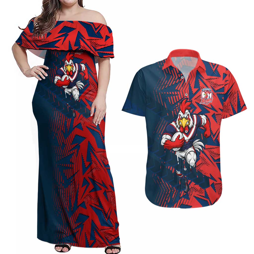 Sydney Roosters Rugby Couples Matching Off Shoulder Maxi Dress and Hawaiian Shirt Fierce Mascot Geometric Tribal Art