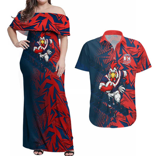 Sydney Roosters Rugby Couples Matching Off Shoulder Maxi Dress and Hawaiian Shirt Fierce Mascot Geometric Tribal Art