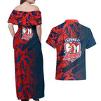 Sydney Roosters Rugby Couples Matching Off Shoulder Maxi Dress and Hawaiian Shirt Fierce Mascot Geometric Tribal Art