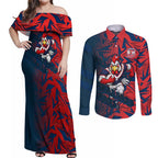 Sydney Roosters Rugby Couples Matching Off Shoulder Maxi Dress and Long Sleeve Button Shirt Fierce Mascot Geometric Tribal Art