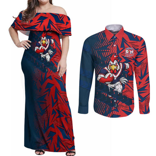 Sydney Roosters Rugby Couples Matching Off Shoulder Maxi Dress and Long Sleeve Button Shirt Fierce Mascot Geometric Tribal Art