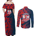 Sydney Roosters Rugby Couples Matching Off Shoulder Maxi Dress and Long Sleeve Button Shirt Fierce Mascot Geometric Tribal Art