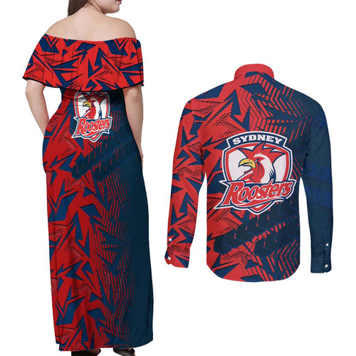 Sydney Roosters Rugby Couples Matching Off Shoulder Maxi Dress and Long Sleeve Button Shirt Fierce Mascot Geometric Tribal Art