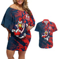 Sydney Roosters Rugby Couples Matching Off Shoulder Short Dress and Hawaiian Shirt Fierce Mascot Geometric Tribal Art