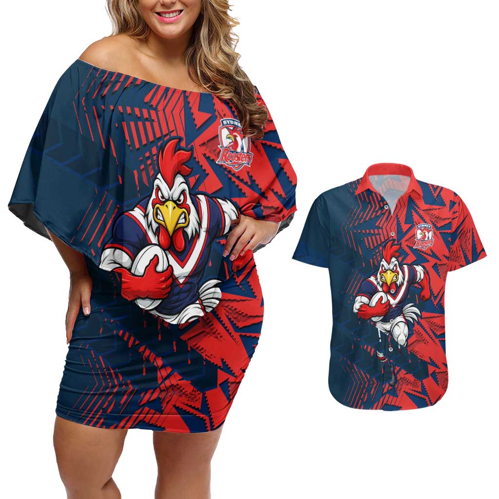 Sydney Roosters Rugby Couples Matching Off Shoulder Short Dress and Hawaiian Shirt Fierce Mascot Geometric Tribal Art
