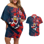 Sydney Roosters Rugby Couples Matching Off Shoulder Short Dress and Hawaiian Shirt Fierce Mascot Geometric Tribal Art