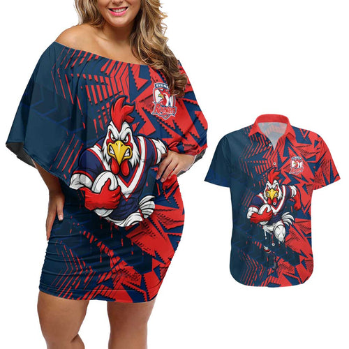 Sydney Roosters Rugby Couples Matching Off Shoulder Short Dress and Hawaiian Shirt Fierce Mascot Geometric Tribal Art