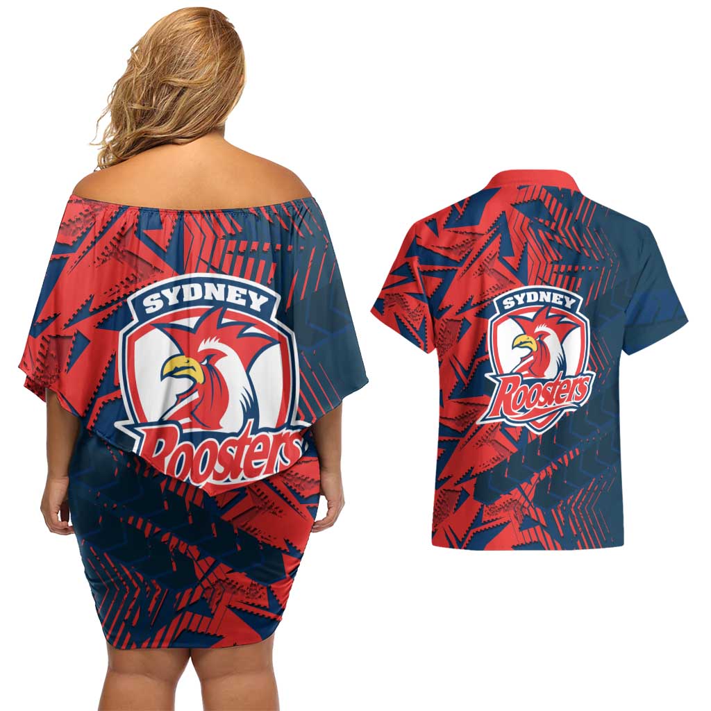 Sydney Roosters Rugby Couples Matching Off Shoulder Short Dress and Hawaiian Shirt Fierce Mascot Geometric Tribal Art