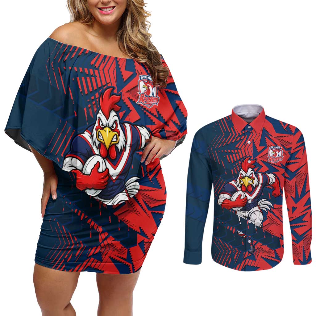 Sydney Roosters Rugby Couples Matching Off Shoulder Short Dress and Long Sleeve Button Shirt Fierce Mascot Geometric Tribal Art