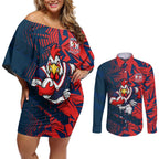 Sydney Roosters Rugby Couples Matching Off Shoulder Short Dress and Long Sleeve Button Shirt Fierce Mascot Geometric Tribal Art