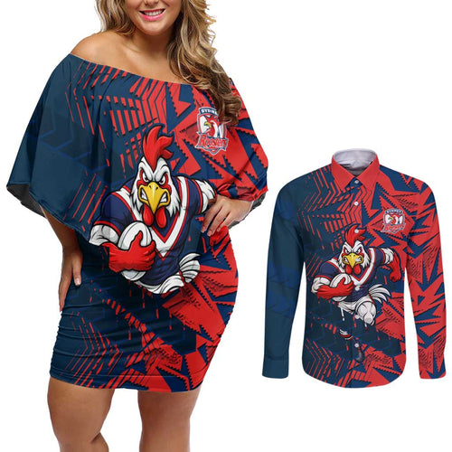 Sydney Roosters Rugby Couples Matching Off Shoulder Short Dress and Long Sleeve Button Shirt Fierce Mascot Geometric Tribal Art