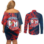 Sydney Roosters Rugby Couples Matching Off Shoulder Short Dress and Long Sleeve Button Shirt Fierce Mascot Geometric Tribal Art
