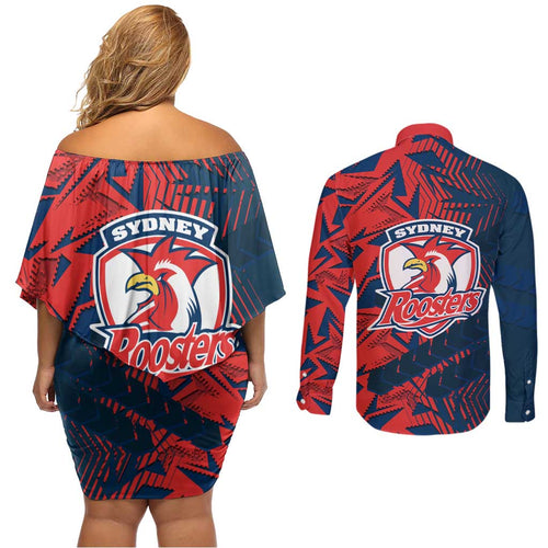 Sydney Roosters Rugby Couples Matching Off Shoulder Short Dress and Long Sleeve Button Shirt Fierce Mascot Geometric Tribal Art