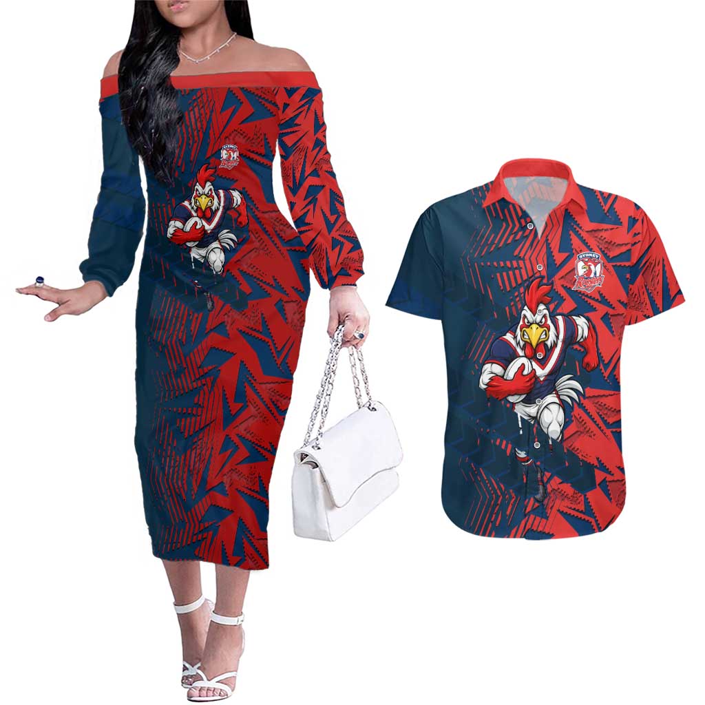 Sydney Roosters Rugby Couples Matching Off The Shoulder Long Sleeve Dress and Hawaiian Shirt Fierce Mascot Geometric Tribal Art